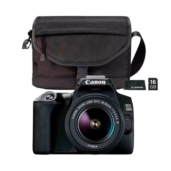 Canon kit eos 250d negro cámara reflex 24.1mp 4k wifi bluetooth + objetivo ef-s 18-55mm + bolsa + sd 16gb