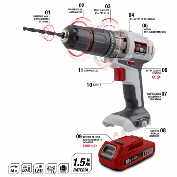 Taladro percut. bateria18v 1.5ah